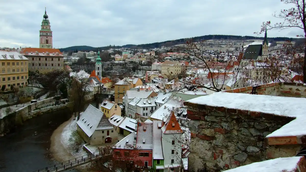 Snow on the rooftops and castle of Český Krumlov